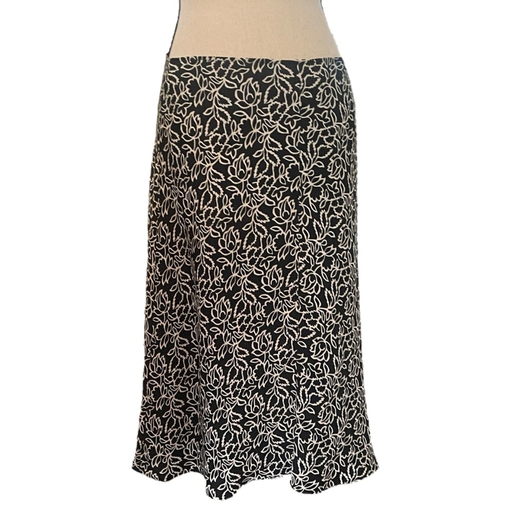 Land's End 90's Style Silk Black Ivory Floral Print Knee Length Skirt Women's 10